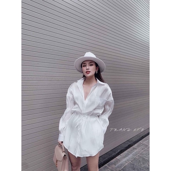 Set áo sơmi voan dáng dài kết hợp quần kaki trắng trơn có ảnh thật