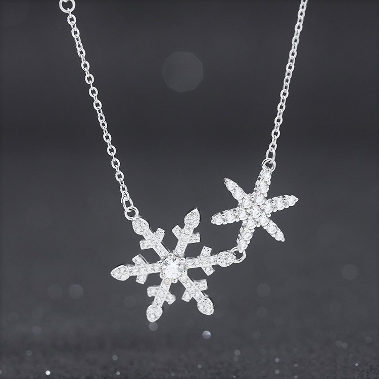Dây chuyền bạc nữ mặt 2 bông tuyết đính đá, Vòng cổ chất liệu bạc ta cao cấp - Trang sức bạc Evasilver
