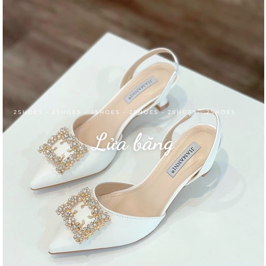 Sandal Giày cao gót mũi hoa đá vuông gót nhọn 5 phân và bệt quai thun sau
