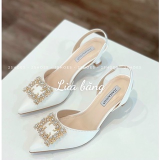 Sandal Giày cao gót mũi hoa đá vuông gót nhọn 5 phân và bệt quai thun sau (E22_E20_E30)