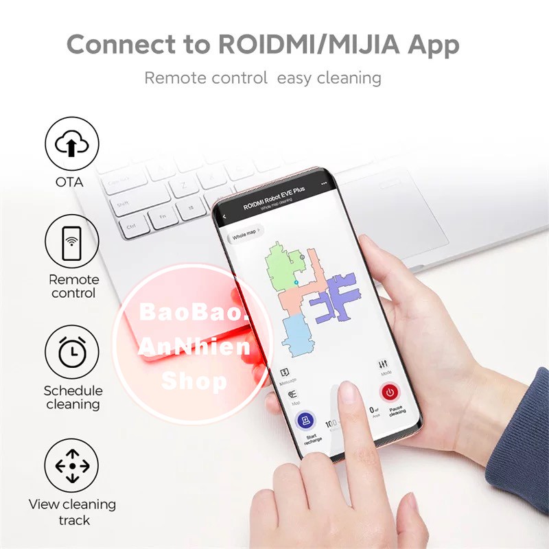 Robot hút bụi lau nhà Xiaomi Roidmi EVE Plus bản quốc tế thu gom bụi thông minh Google Assistant, Alexa và Mijia APP