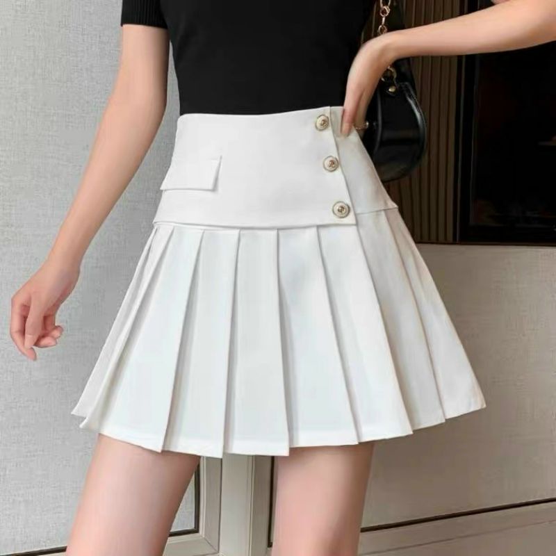 Chân váy xếp phối 3 cúc dáng chữ a lưng cao phong cách tennis xòe kiểu xếp li