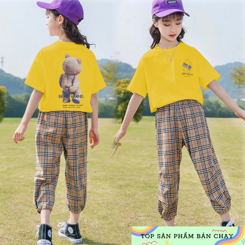 Set bộ thể thao bé gái size đại áo in gấu thun cotton  quần caro bo lai cá tính  mềm mát cho bé 10-50kg
