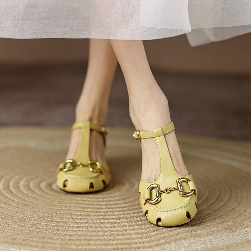 Giày cao gót da hở ngón phối khóa kim loại thời trang mùa hè phong cách Pháp 2022 cho nữ