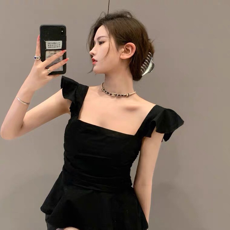 Áo Dây Rũ Chân Áo Xòe Nữ Tính Gợi Cảm Đen/Vani - oder Taobao