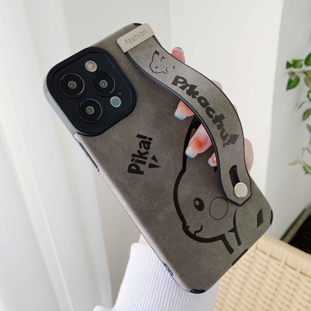 Ốp Điện Thoại Da Lộn In Hoạt Hình Pikachu Kèm Dây Đeo Cho iPhone 14ProMax 13 12Pro 11Promax 7P XS XR