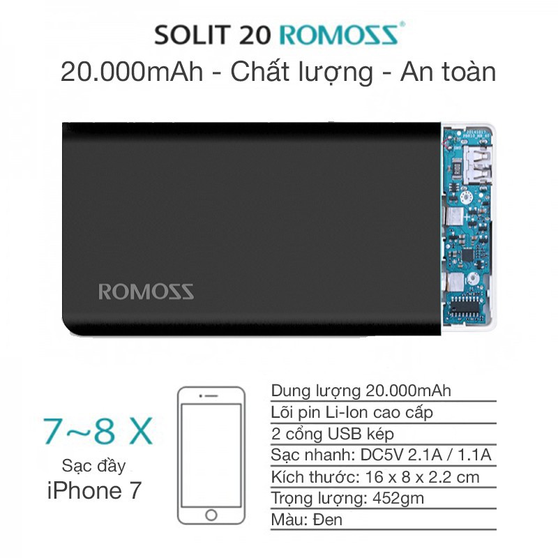 Combo Pin sạc dự phòng 20.000mAh Solit 20 Romoss + Cáp sạc microUSB Romoss dài 1m + Cốc sạc 4 cổng USB 4.4A - Chính hãng