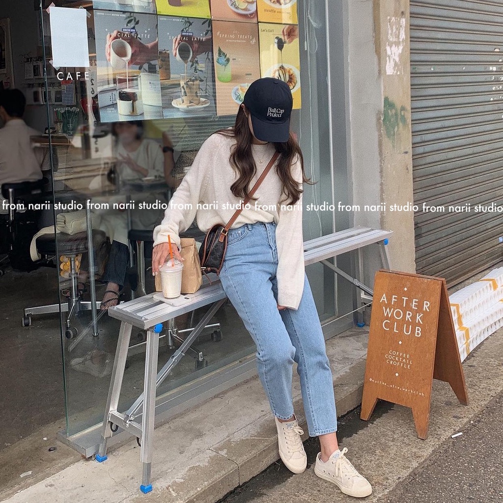 Quần jeans nữ denim xanh NARII quần jean trơn basic Hàn Quốc dáng baggy