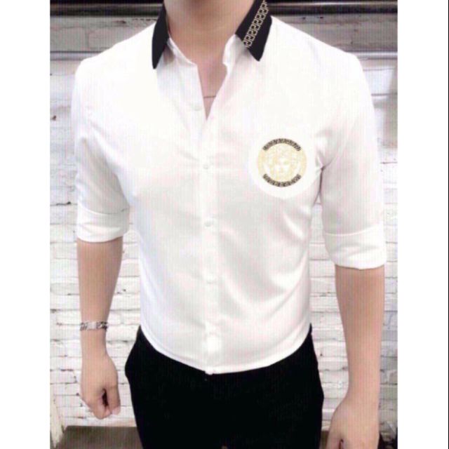 Áo sơ mi lụa trắng .đen cổ phối
