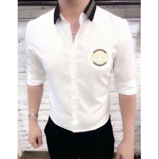 Áo sơ mi lụa trắng .đen cổ phối