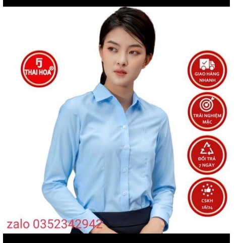 Áo sơ mi nữ Thái Hòa màu xanh dương mã 047 chất vải kate và cotton mềm, mát ít nhăn. Có tay ngắn và tay dài, có size đại