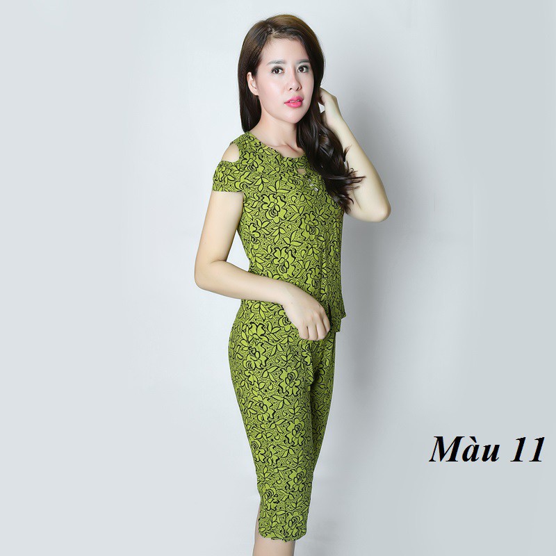 Bộ mặc nhà lanh Vicci BN078 áo cộc tay hở vai quần lửng họa tiết nhiều màu
