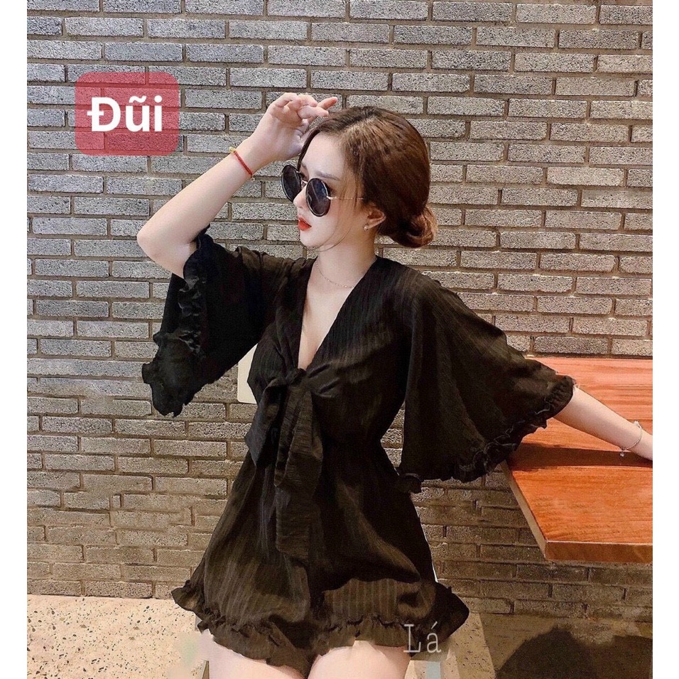 Jum Nữ - Jum Cổ V Tay Loe Bèo Quần Ống Rộng Ngắn From A Ôm Eo Chất Đũi Mềm Mịn Kèm Ảnh thật