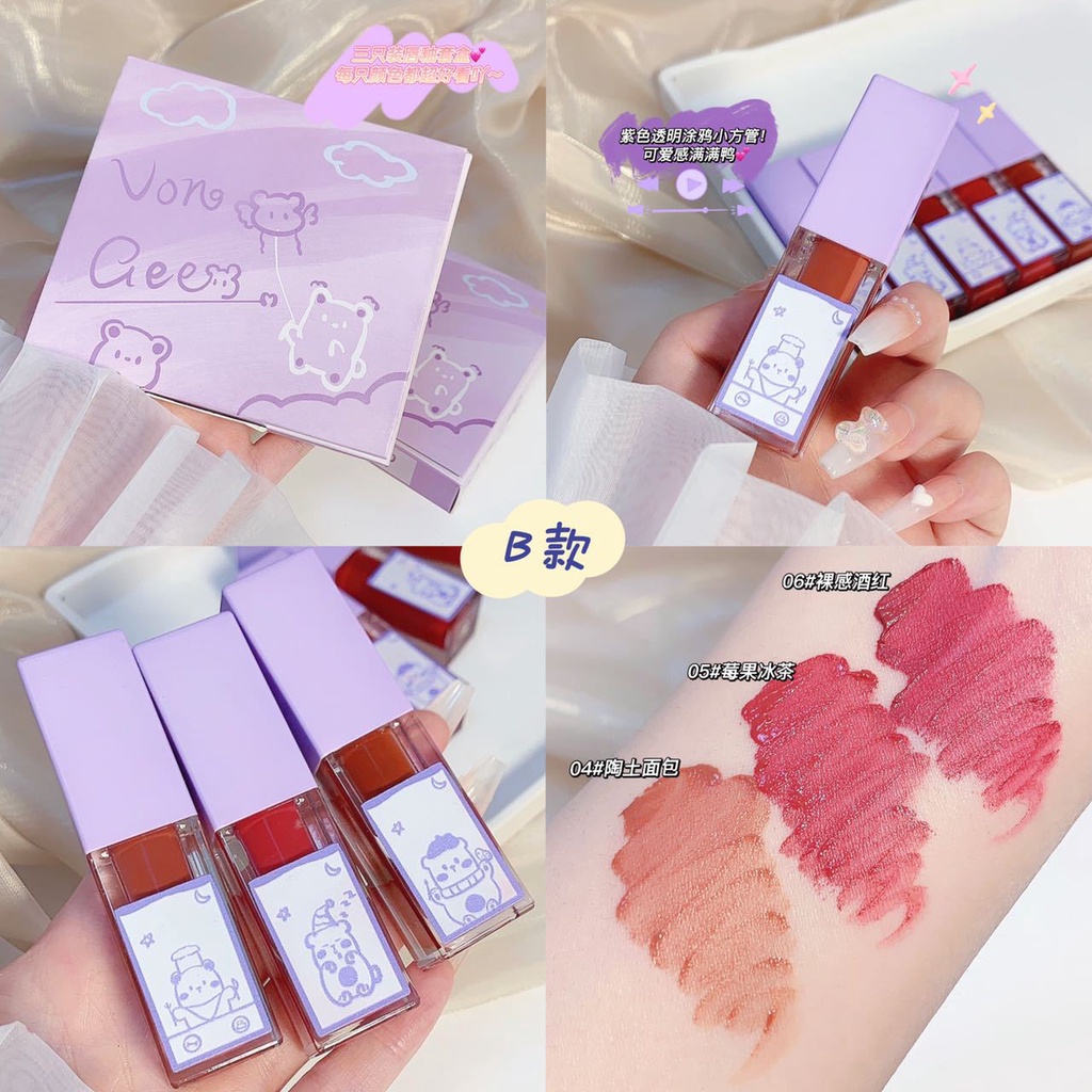 Von Gee Bộ ba hộp quà tặng son môi mờ nhung dưỡng ẩm