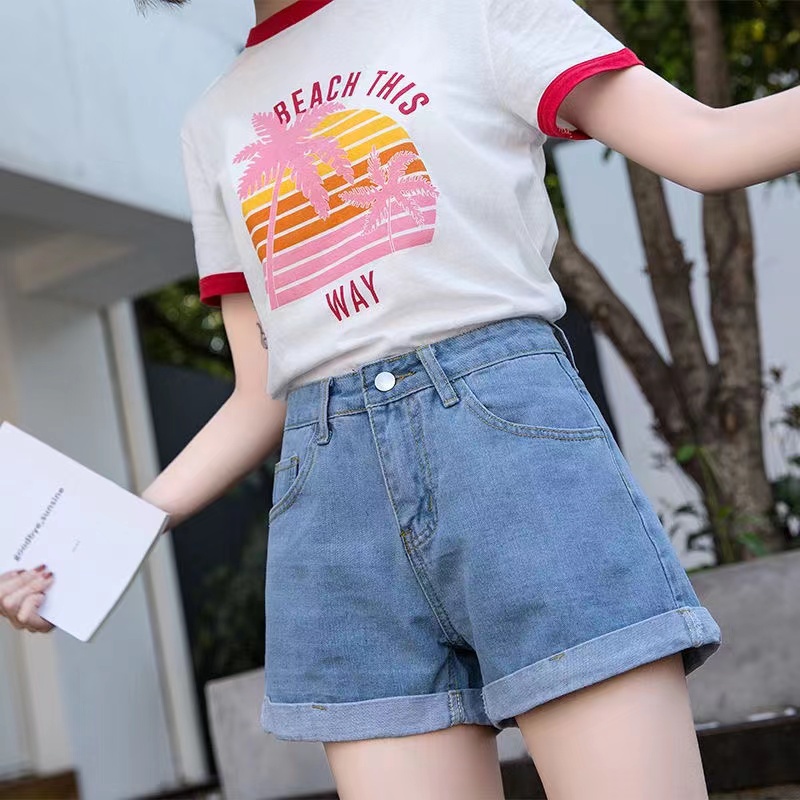 Quần short denim SUXI ống rộng lưng cao thời trang cho nữ
