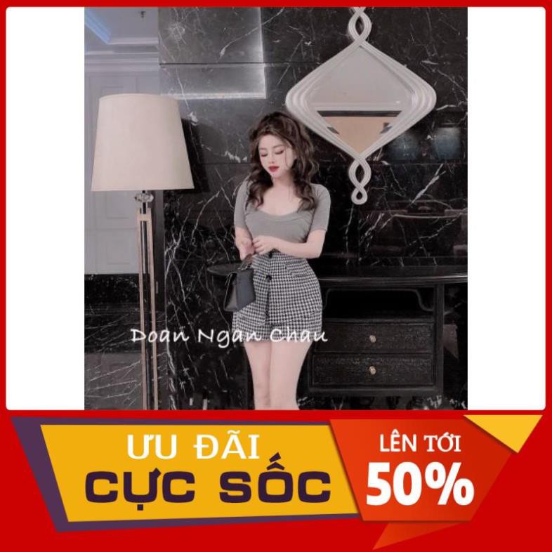 [ 𝐅𝐑𝐄𝐄 𝐒𝐇𝐈𝐏 ] SET ÁO THUN CỔ U MIX CHÂN VÁY CARO TÚI LỆCH 2 MÀU TRẮNG - XÁM