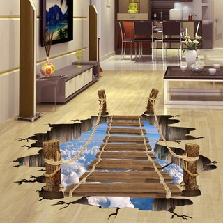 Tranh decal dán tường, giấy dán tường 3D cao cấp cầu gỗ lên trời