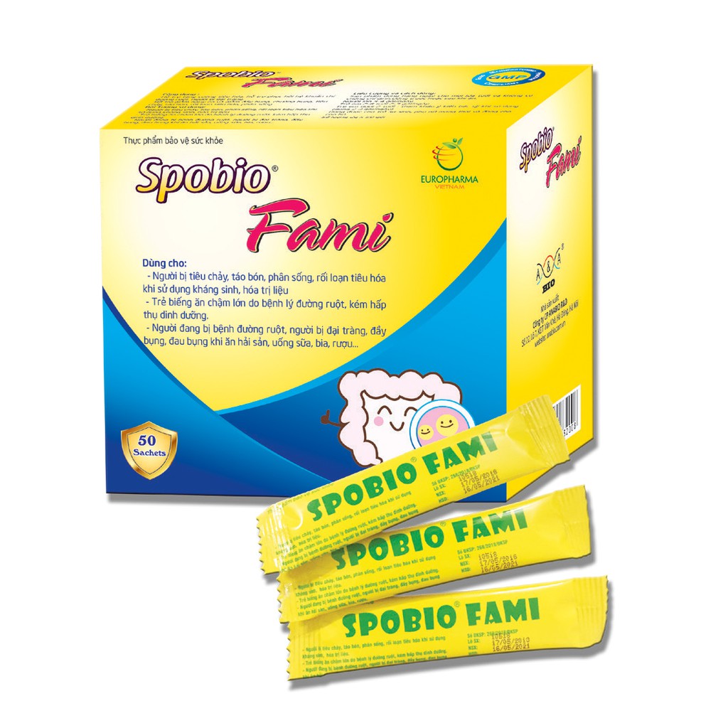 Men vi sinh SPOBIO FAMI (Hộp 50 gói) giảm đầy bụng, trướng bụng, tiêu chảy, táo bón, rối loạn tiêu hóa, phân sống