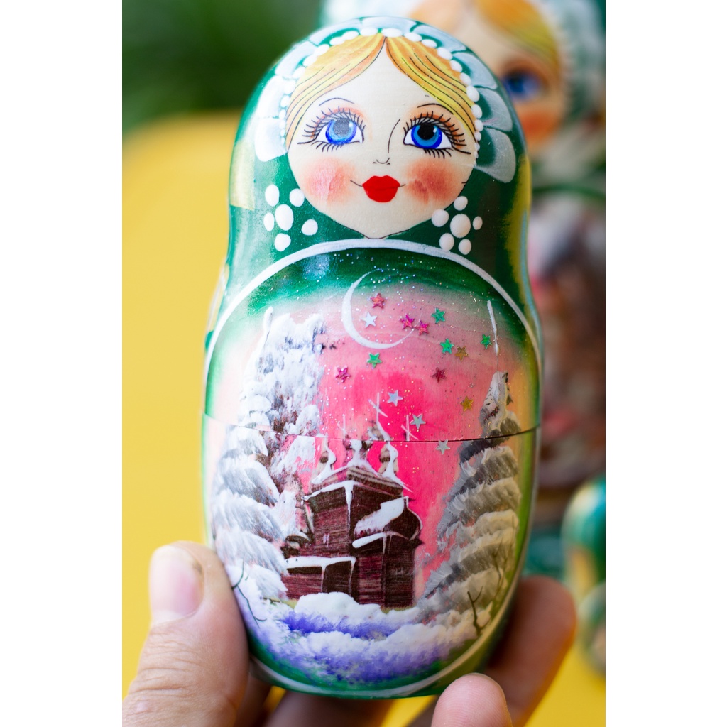 (CỰC DỄ THƯƠNG) BỘ BÚP BÊ NGA MATRYOSHKA 5 LỚP 18CM &quot;PHONG CẢNH MÙA ĐÔNG&quot; XANH GREEN QUÀ LƯU NIỆM NGA CỰC ĐẸP VÀ ĐỘC ĐÁO