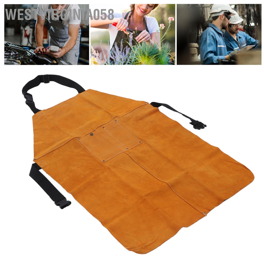 Westvirginia058 Hàn Tạp dề bảo hộ Chống cháy mài mòn Điều chỉnh dây đeo bằng da Quần áo lao động có túi