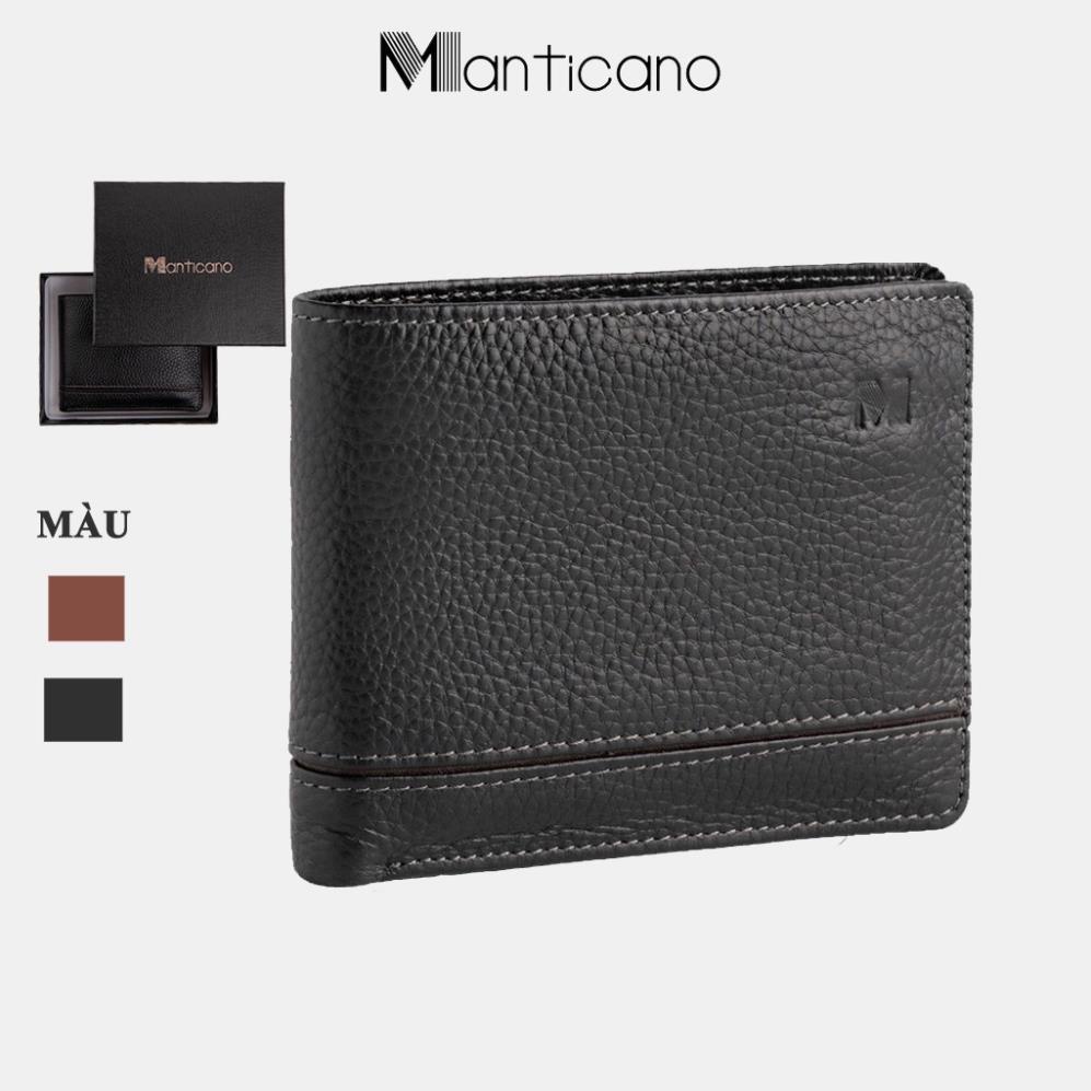 Ví nam da bò Manticano dáng ngang, mẫu V02 Sần Kẻ Đen, Nâu ⚡