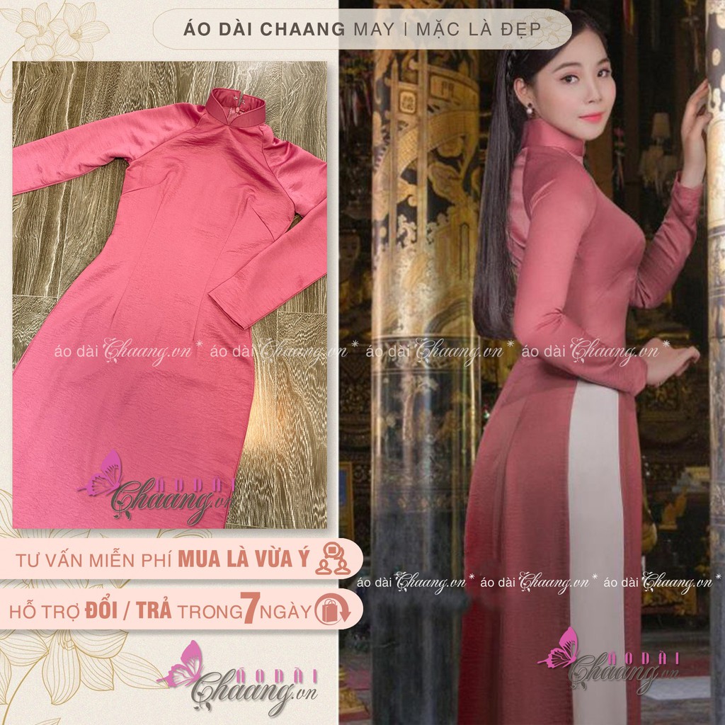 Áo dài hồng đỗ_Chaang_May áo dài truyền thống cổ cao tay dài, vải lụa Tây Thi