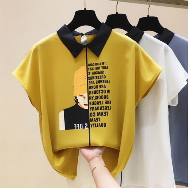 Áo Sơ Mi Chiffon Tay Ngắn Dáng Rộng In Chữ Thời Trang Hàn Quốc Cho Nữ