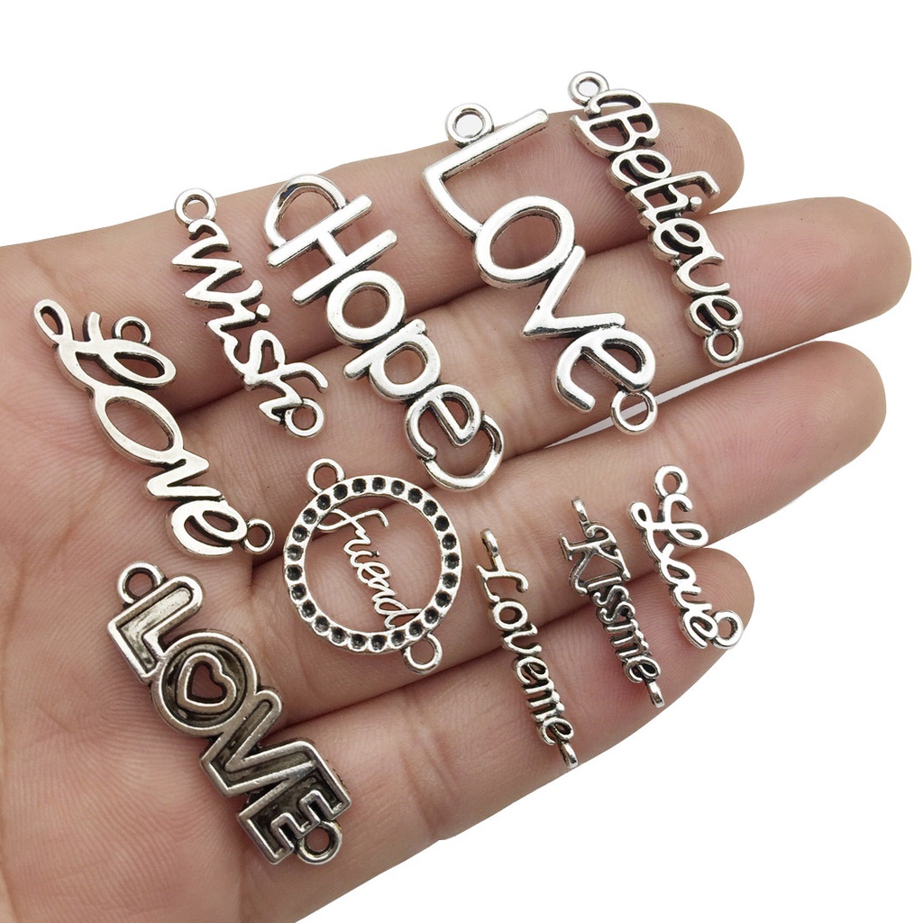 Set 18 mặt dây chuyền bằng hợp kim màu bạc khắc chữ độc đáo DIY