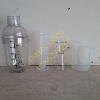 BỘ 4 DỤNG CỤ PHA CHẾ (SHAKER 530ML IN, LY 100ML, CA 250ML, LY 2 ĐẦU)