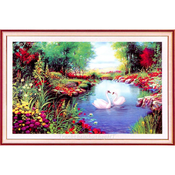 Tranh đính đá - Tranh thêu chữ thập phong cảnh mùa xuân bên hồ size 75*50cm - tự thêu