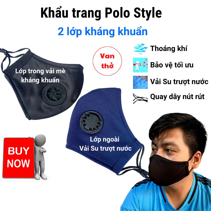 Khẩu trang có Van thở 2 lớp vải su Polo Style - Chống nước, dễ thở, đeo thoải mái không đau tai | BigBuy360 - bigbuy360.vn