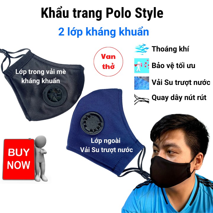 Khẩu trang có Van thở 2 lớp vải su Polo Style - Chống nước, dễ thở, đeo thoải mái không đau tai