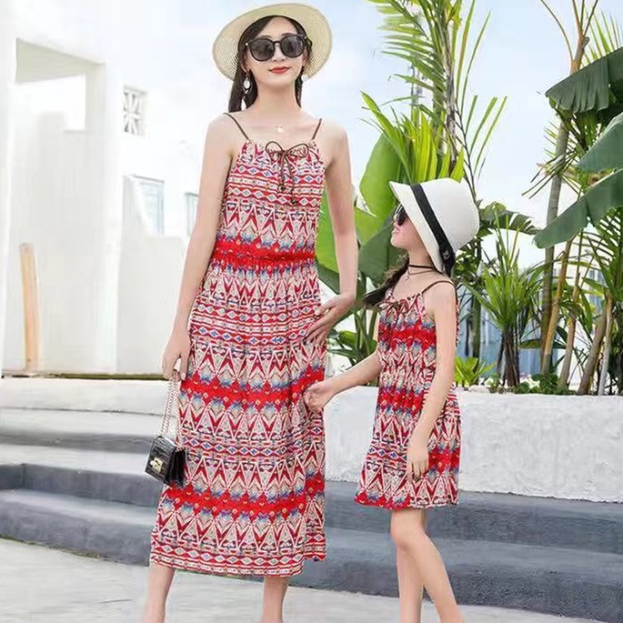 Đầm Cotton Không Tay Phong Cách Boho Thời Trang Xuân Hè Cho Mẹ Và Bé Size S-XL&amp;110-160cm