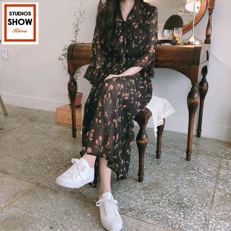 Đầm dáng xòe hoa nhí tay ngắn midi Emilyshop ulzzang