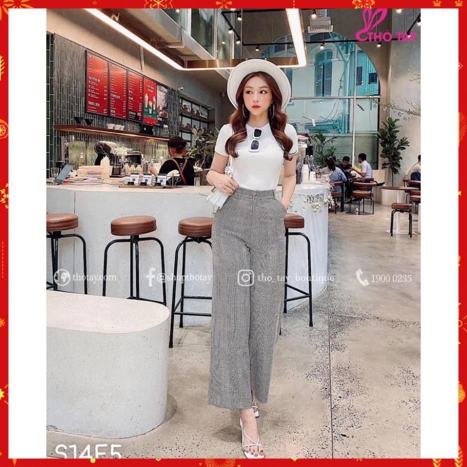 Sét Bộ Đồ Nữ Áo Phông Trắng Kèm Quần Kẻ Chun Siêu Xịn Sò | BigBuy360 - bigbuy360.vn