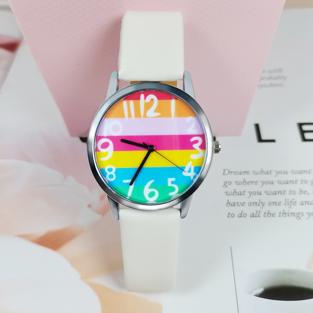 MACmk Women Rainbow Stripe Dial Accurate Quartz Movement Alloy Number Quartz Wristwatch for Office