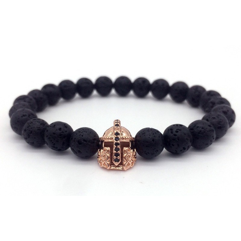 Vòng Tay Chuỗi Hạt Đá Núi Lửa Đen Mặt Hình Chiến Binh Sparta Roman Cổ Điển Cho Nam