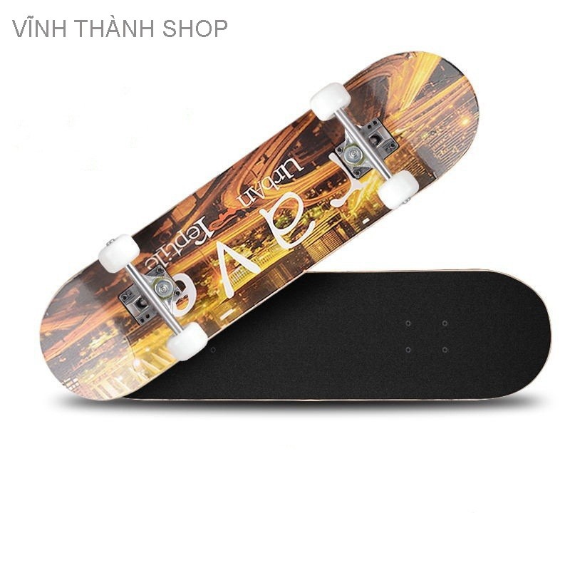 Ván trượt thể thao skateboard gỗ phong 7 lớp mặt đen nhám chống trơn trượt tải trọng 180kg dành cho người lớn và trẻ em