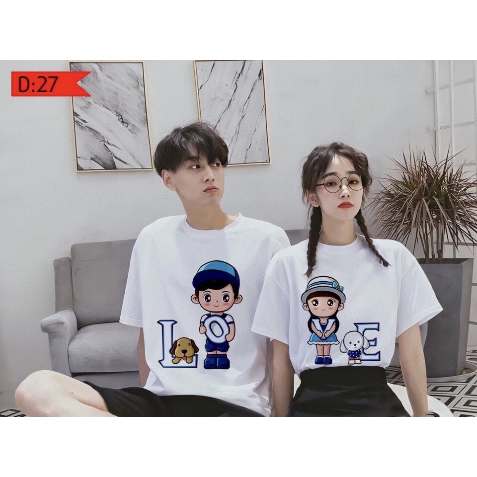 Cặp áo đôi (2 cái) in hình trái tim cổ tròn vải thoáng mát