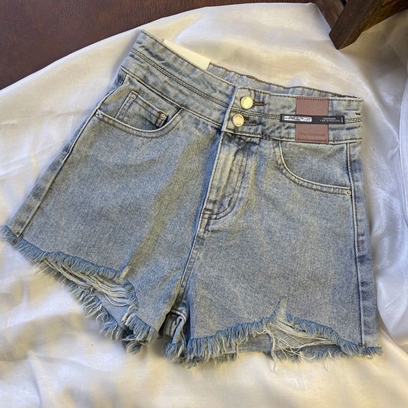 Quần Short Denim Lưng Cao Ống Rộng Phối Nút Phong Cách Hàn Quốc