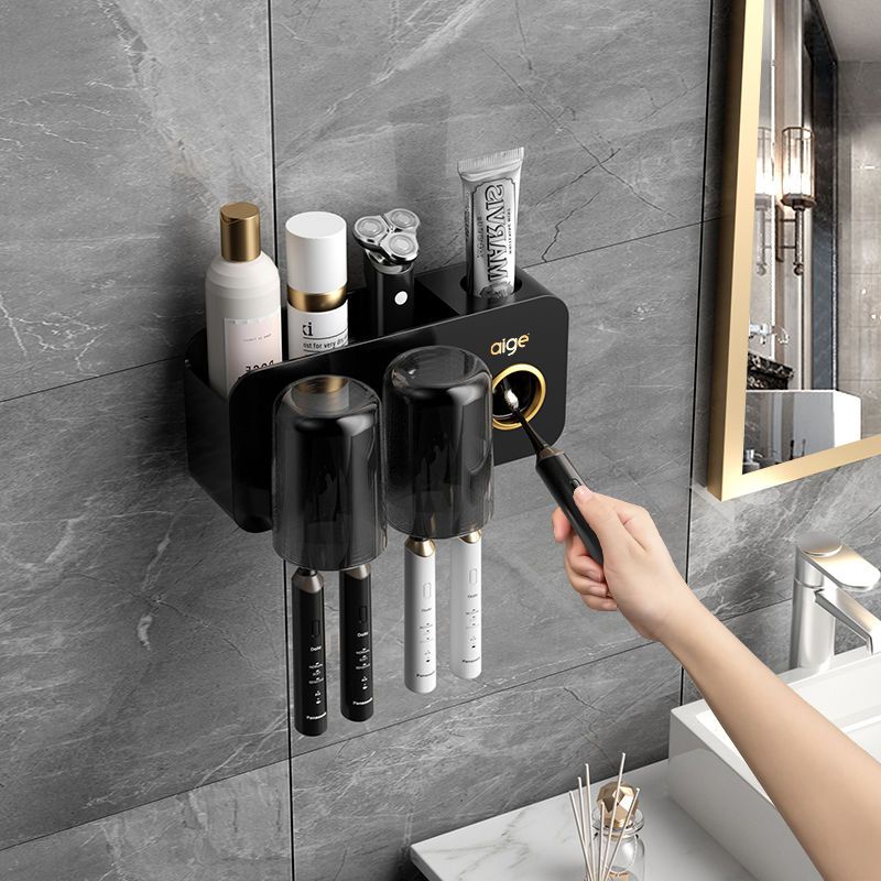 Kệ nhả kem đánh răng aige bộ kèm ly màu đen và miếng dán  BNK24