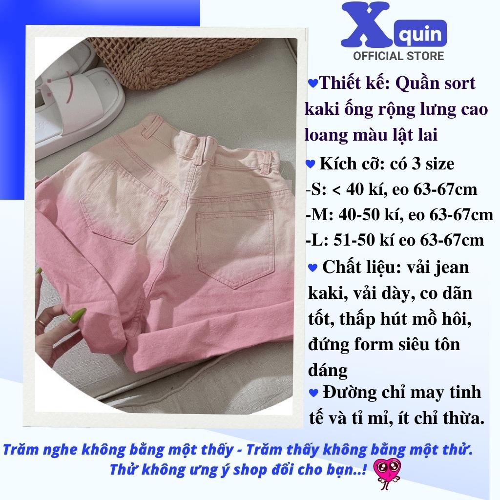 Quần short kaki nữ phối loang màu lật lai lưng cao Xquin, Quần đùi nữ cap cao ống rộng ôm eo siêu tôn dáng