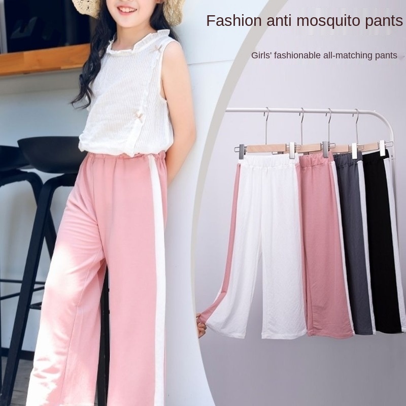 Quần dài vải lanh Cotton mỏng ống rộng chống muỗi thiết kế cỡ lớn thời trang cao cấp cho bé gái