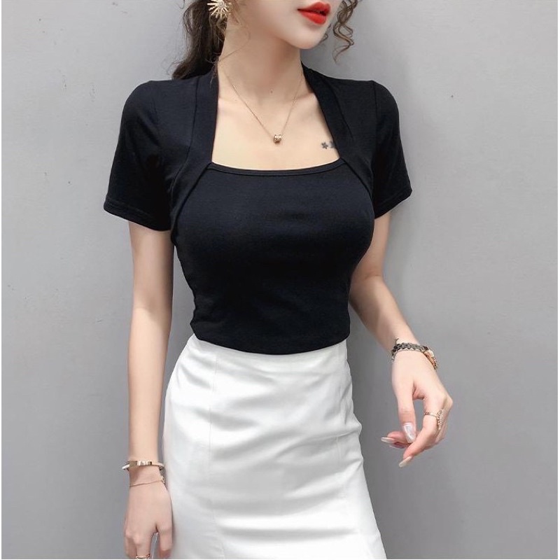 Áo len tăm cổ vuông tay cộc quảng châu
