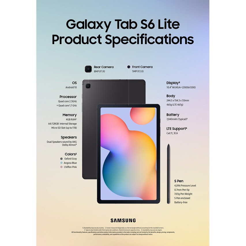 Máy tính bảng Samsung 10.4" Galaxy Tab S6 Lite 64GB  with Pen, Book Cover - New full box