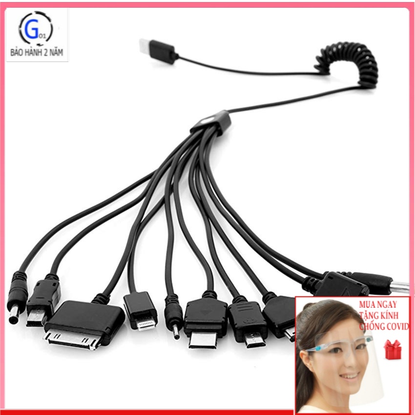 Cáp sạc nhanh đa năng 10 đầu dây xoắn hỗ trợ tất cả các dòng điện thoại dòng 2022 nhựa dẽo