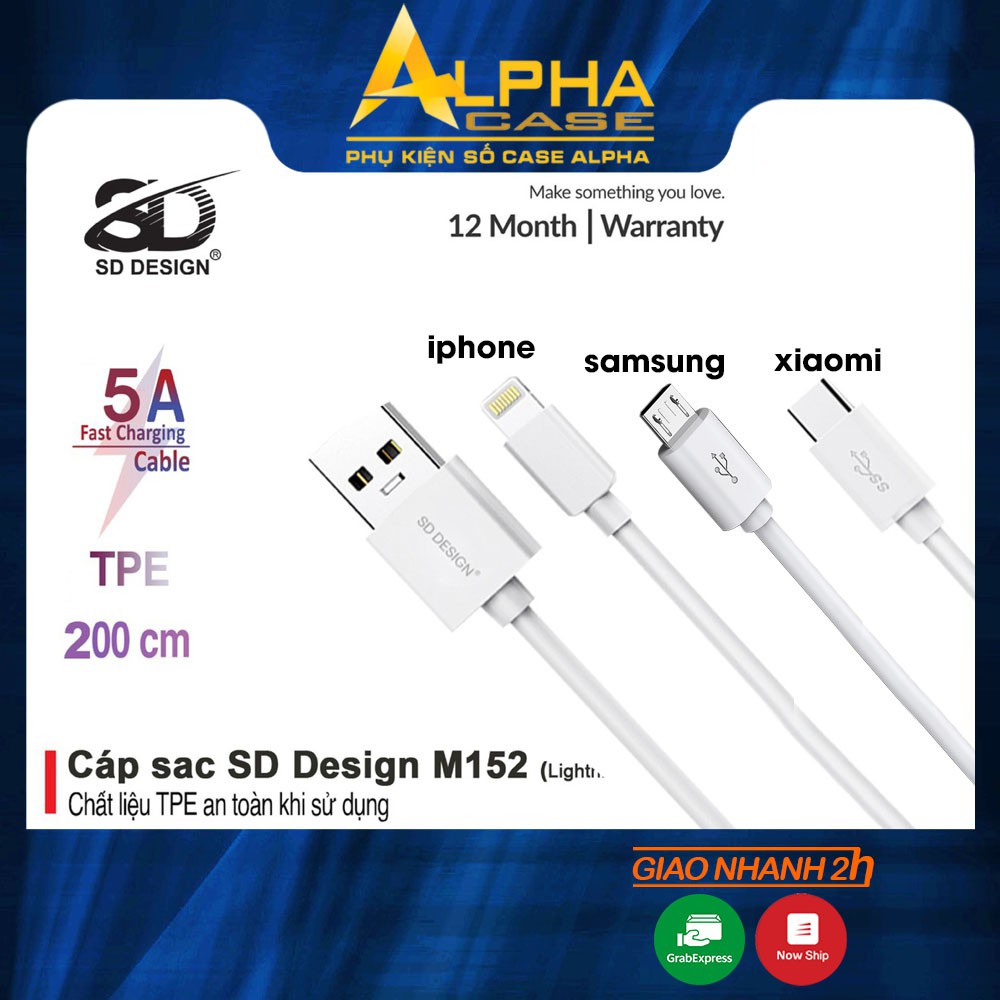 [Bảo Hành 99 Năm]Cáp sạc chính hãng SD DESIGN dòng 5A 2.2m cho Iphone/Ipad/Androi/TypeC Chính Hãng 1M/2M