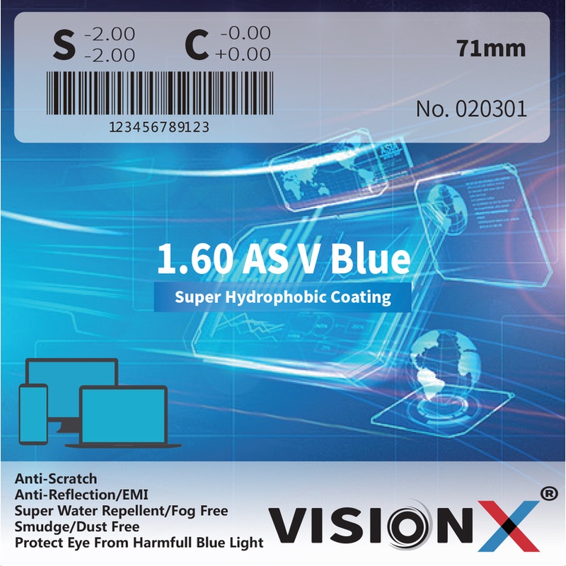 Tròng Kính Mỏng Cận Loạn Chống Ánh Sáng Xanh Giảm Mỏi Mắt Khô Mắt Vivo Optics Singapore VisionX 1.60 AS V Blue SHMC
