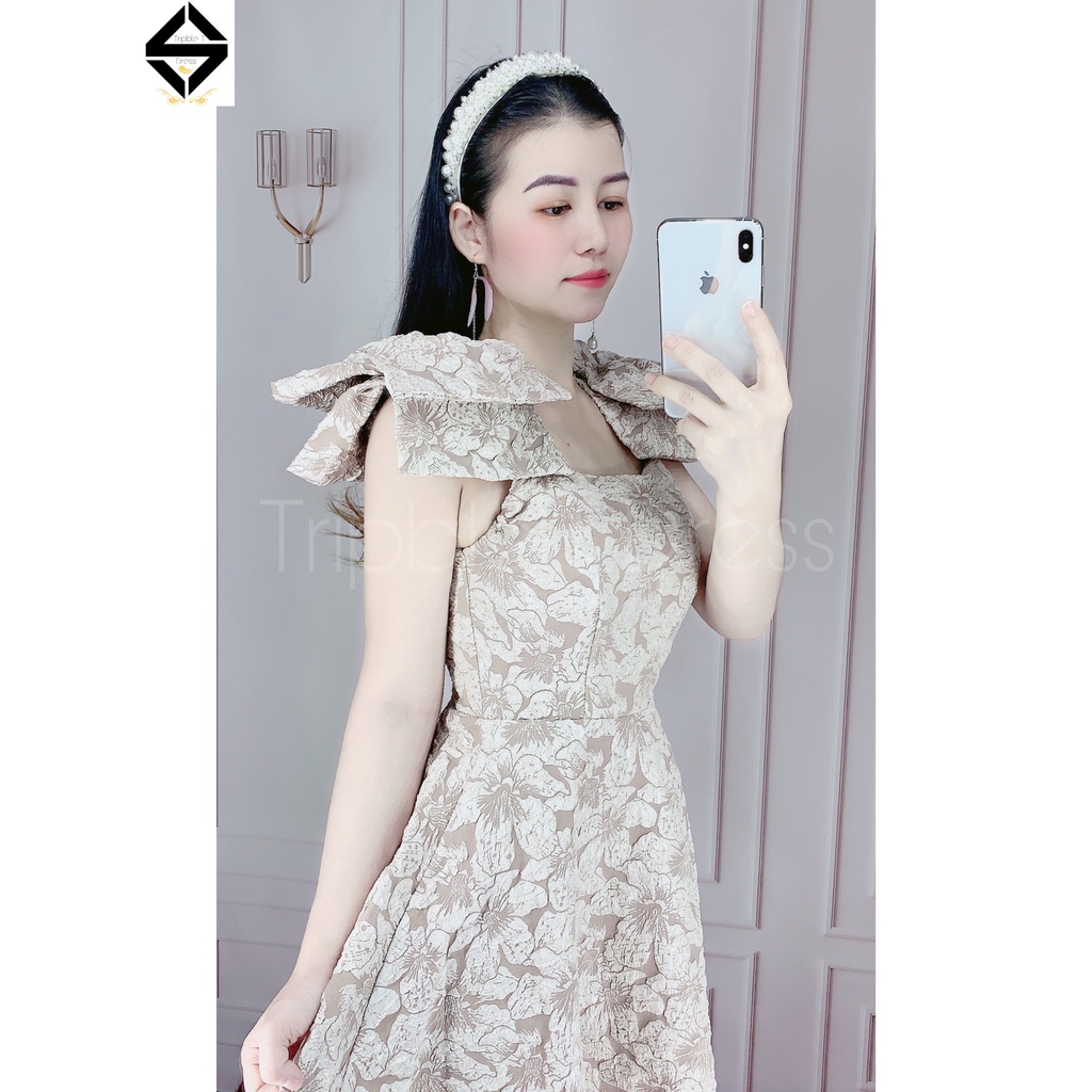 Đầm xoè dự tiệc nơ vai sang chất gấm xốp vân hoa nổi sang trọng TRIPBLE T DRESS - size M/L - MS226V