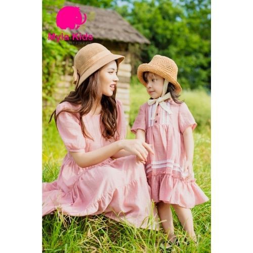 Set đầm đôi mẹ và bé gái ngắn tay màu hồng nhạt váy tơ lụa organza an toàn cho bé Myla Kids kèm ảnh feetback của khách